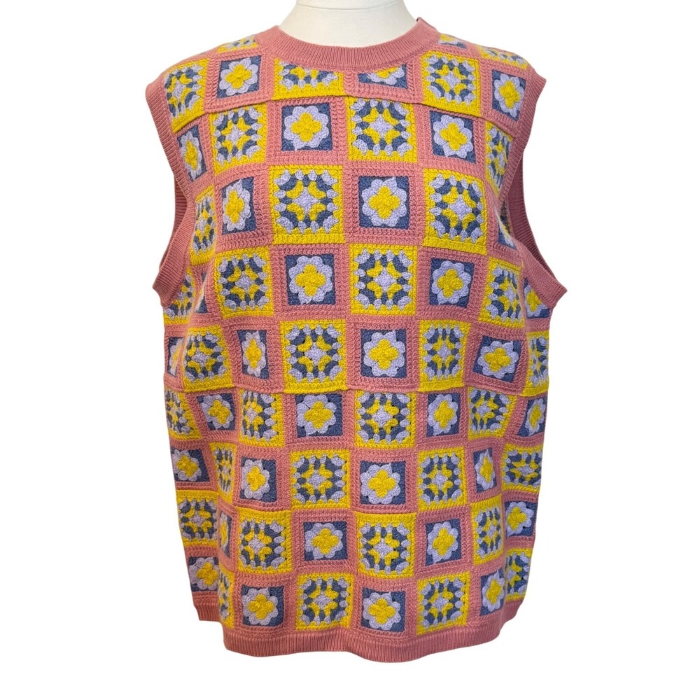 Wesc Mens L Womens XL Granny‎ Square Unisex Sweater Vest Crochet Patchwork Folk